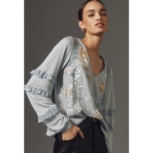 Anthropologie Tiny Petites Blue Floral Embroidered Long Sleeve Blouse Small